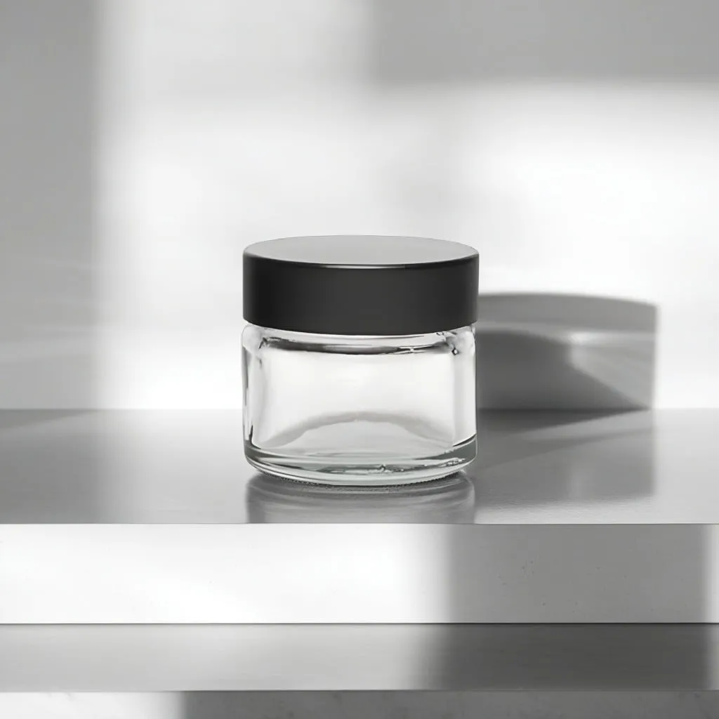 Hedenhus klar glasbøtte 15 ml med sort låg