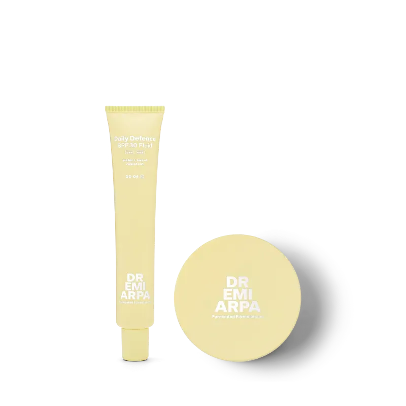 Dr. Emi Arpa Defence Duo SPF 30 solpudder sæt fluid mat